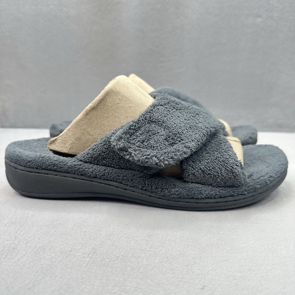 Vionic Relax Womens Size 9 Slippers Gray Faux Fur Adjustable Comfort Support EUC